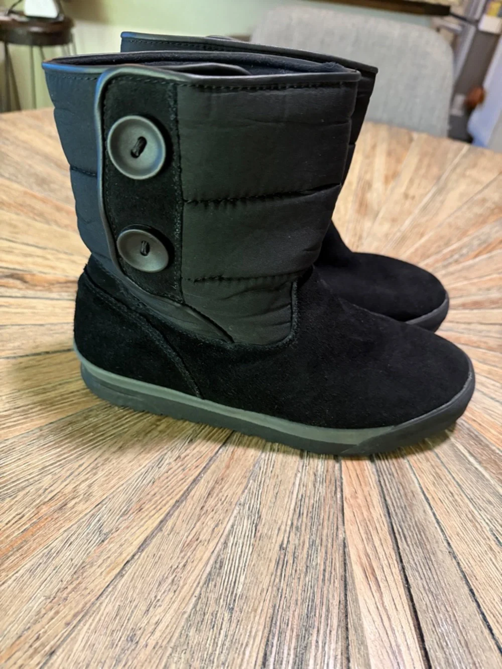 Lands’ End Black Suede Quilted Winter Boots Cozy Lined Pull On Size 7 short